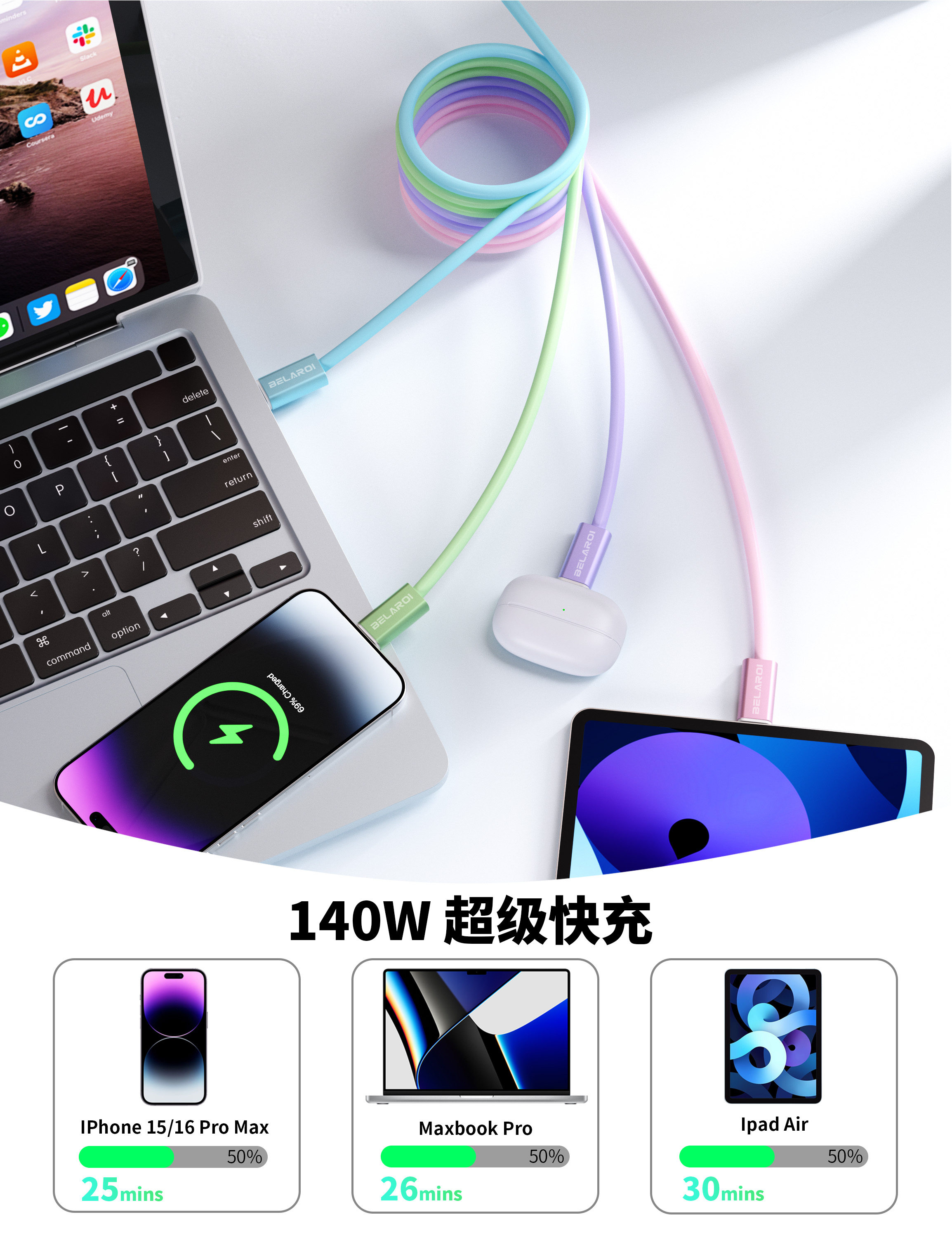硅胶磁吸 140W 快充数据线（1.2 米） 2